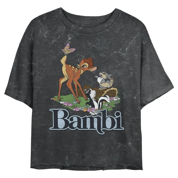 Junior's Bambi Distressed Classic Butterfly Scene Graphic Crop T-Shirt Black Medium
