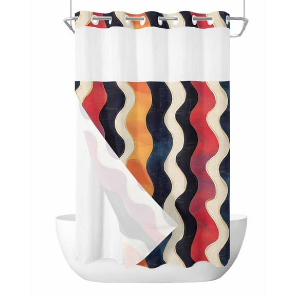 No Hook Shower Curtains with Snap in Liner, Vintage Moire Waterproof Fabric Shower Curtain, Color Block Modern Minimalist Double Layers & See-Through Top Window Bathroom Curtains 36''x72''