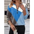 thumbnail image 4 of Camiseta de Larga para Mujer, Cuello Redondo, Estilo Casual, con Media Cremallera, Estampado Geométrico y Bloques de Color. Azul L, 4 of 6