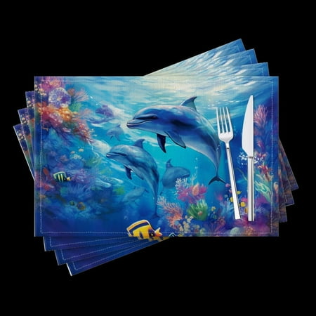 

BaHomeck placemats Set of 4 Dolphins Surrounded By Colorful Coral Reefs And Small Fish Cotton Linen rectangle Placemats for Kitchen Dining Table Indoor Outdoor 18*12inch