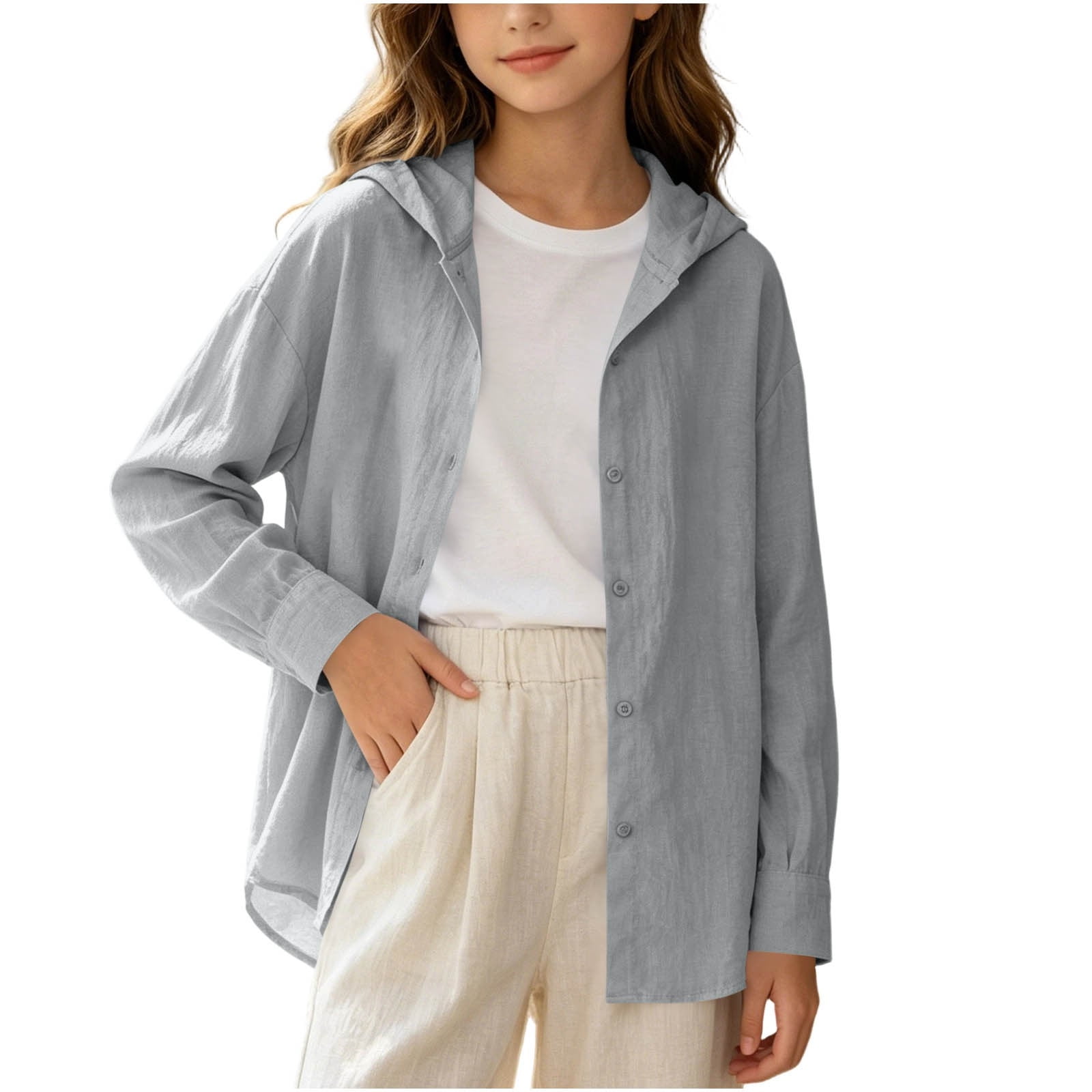 Fancifize Button Down Rash Guard Hooded Shirts for Girls Teens Kids Long Sleeve Sun Protection Blouses Tops 5-16 Years
