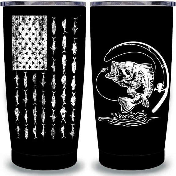 American Flag Patriotic Coffee Tumbler for Men Fishing Lover 20 oz Vacuum Insulated Stainless Steel Fishing Travel Mug Gifts