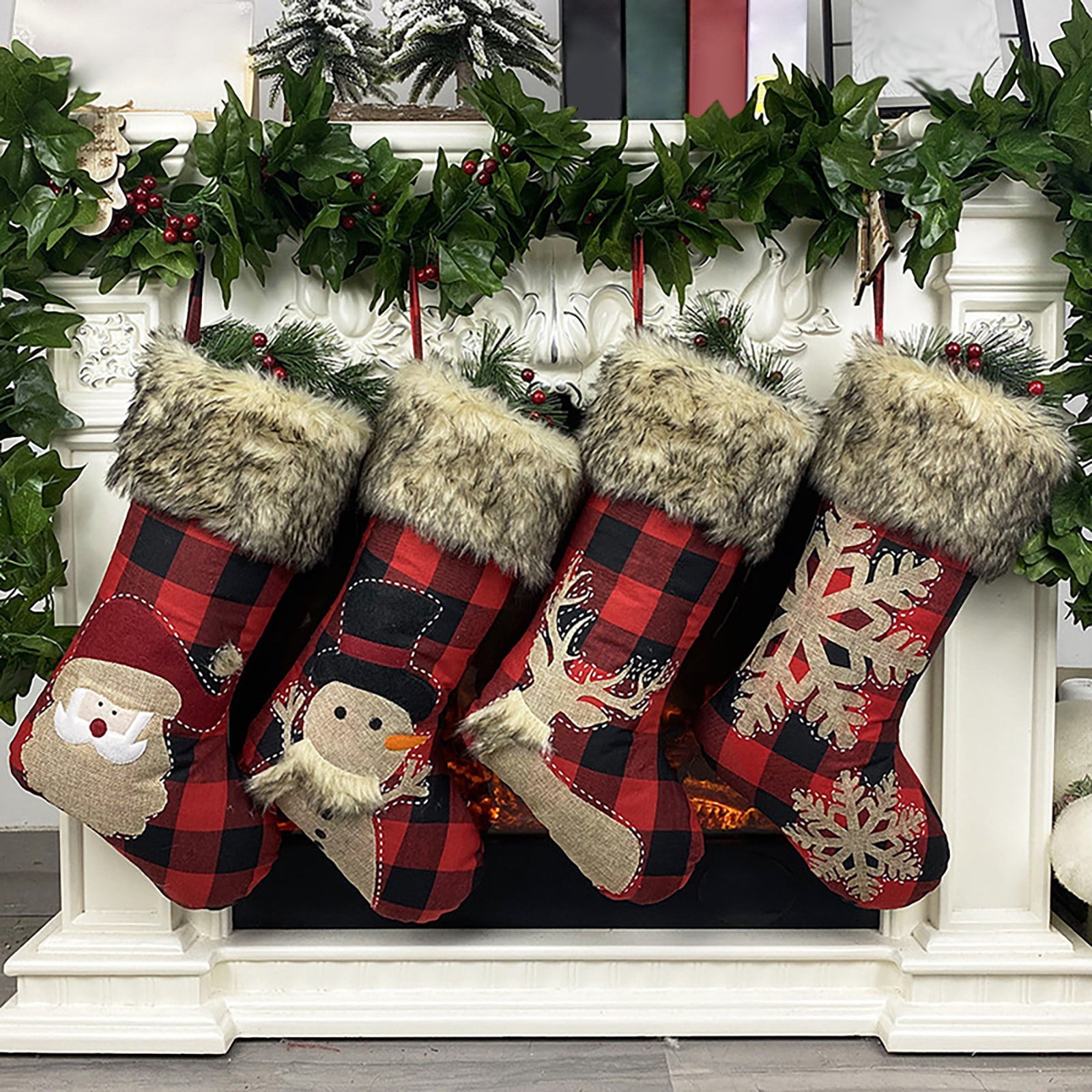 Wall Hangs,Christmas Stockings 4 Pack 18" Big Christmas Stocking Stuffers Snowflake Santa Snowman Reindeer Burlap Plaid Socks With Plush Cuff Candy Socks For Family Holiday Christmas P