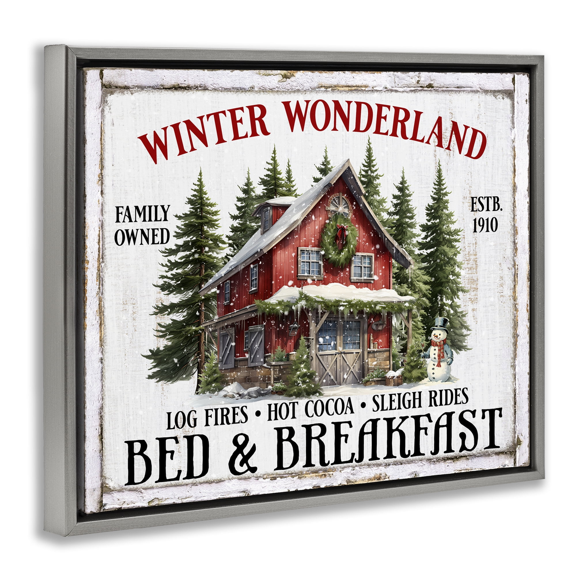 Stupell Industries Winter Bed & Breakfast Holiday Painting Gray Floater Framed Canvas Art Prints Wall Art, 21 x 17