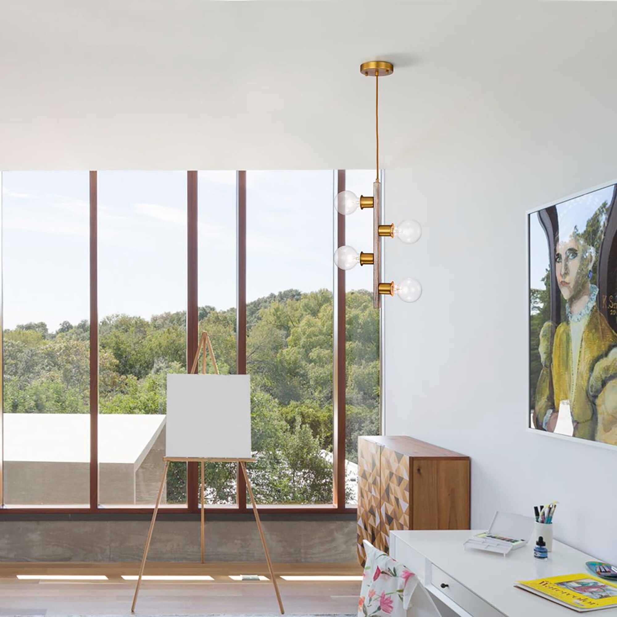 Kirby Wood Grain+Matte Gold 4-Light Vertical Linear Pendant Light