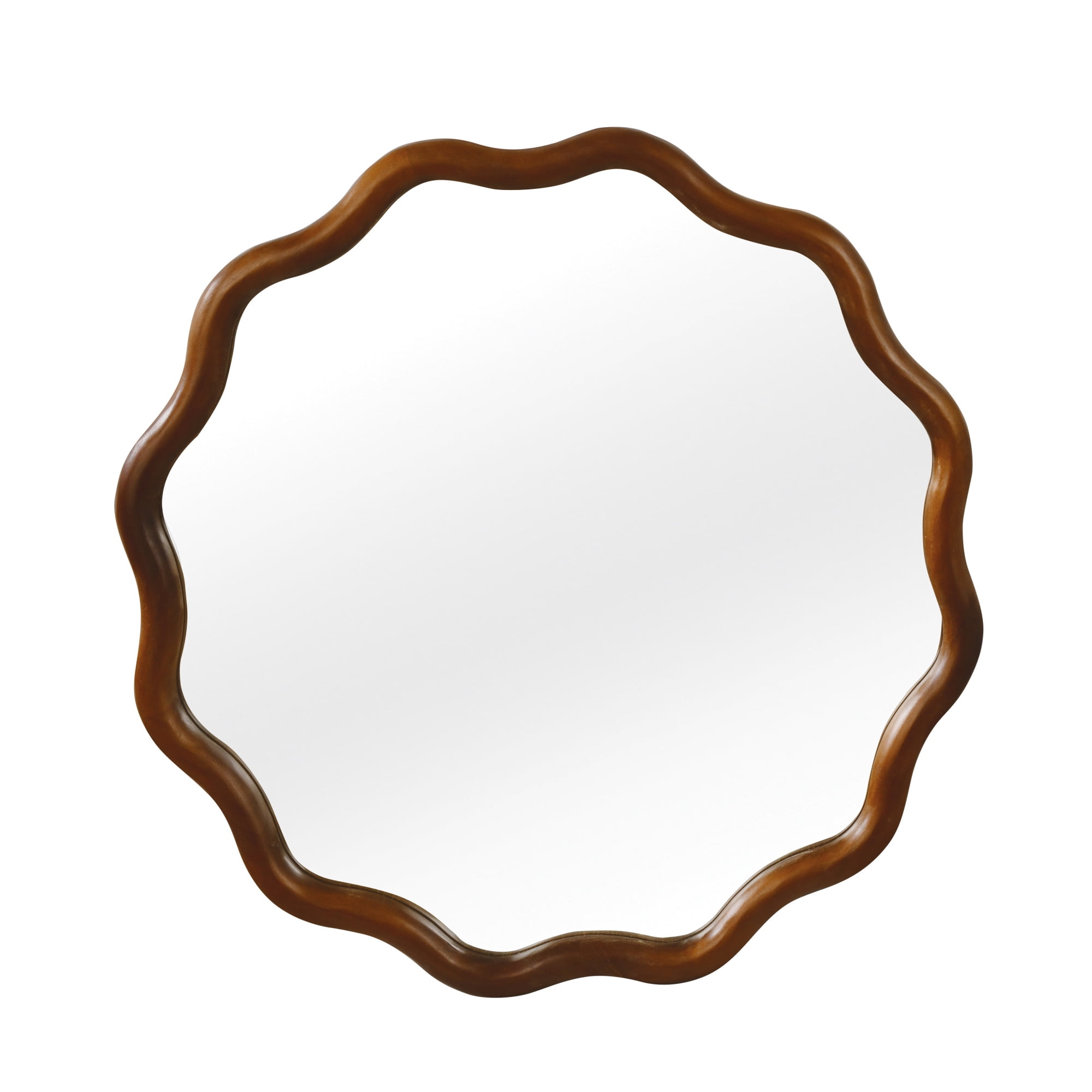 Leumius 30" Wavy Round Mirror, Solid Wood Frame Decorative Mirror for Bedroom Bathroom Living Room Entryway Dark Walnut