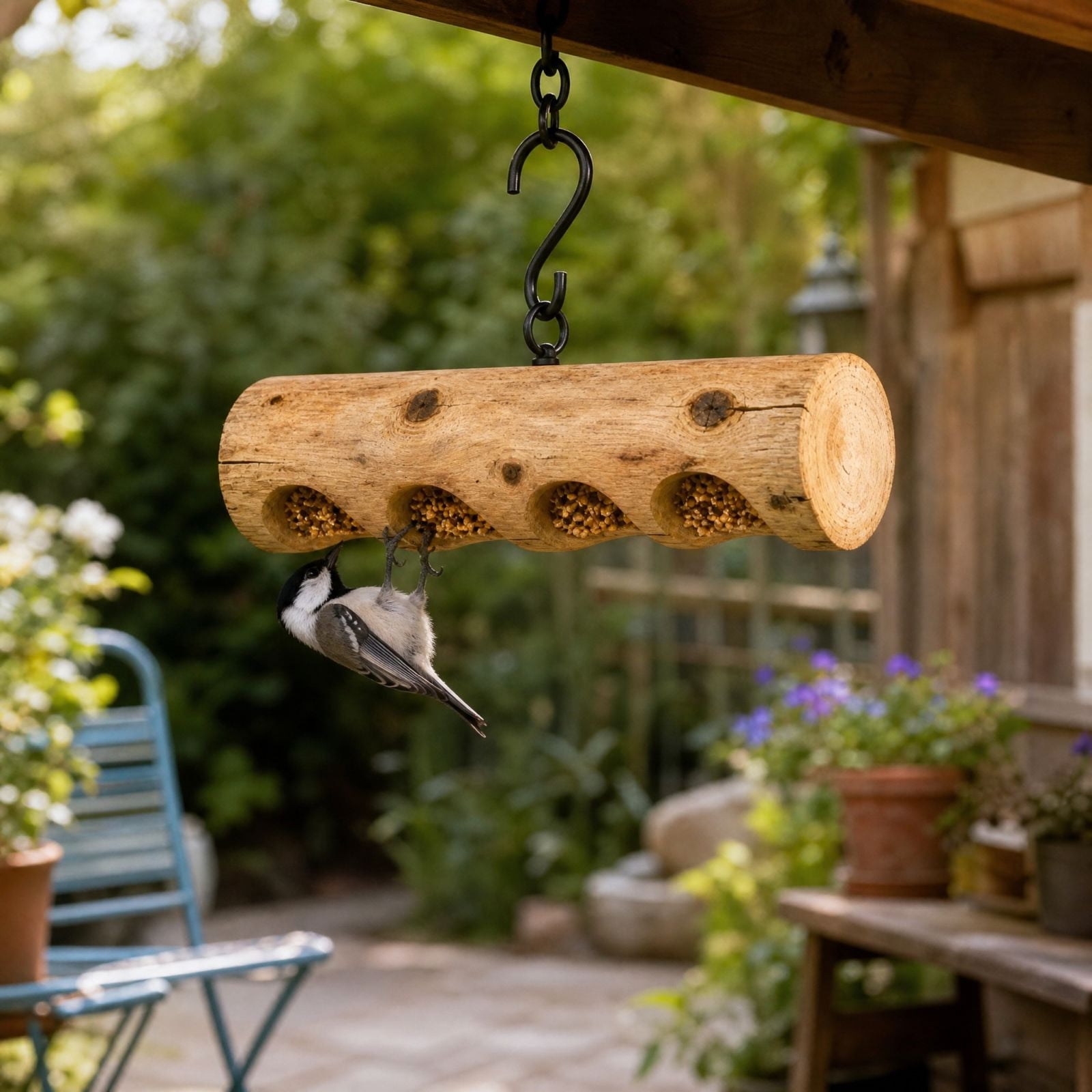 Bird Feeder Hanging Log‑Shaped Multi‑Hole Feeding Station Practical Accessory for Backyard Wild Bird Watching