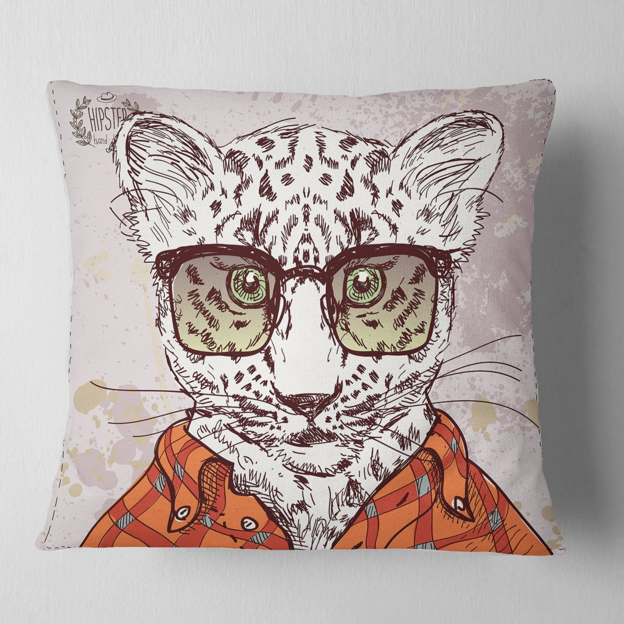 Designart Funny Hipster Leopard with Glasses - Animal Throw Pillow - 16x16