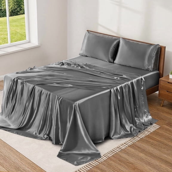 Lux Decor Satin Sheets Queen Size - 4 Piece Cooling Silky Bed Sheet Set for Hair and Skin, Similar to Silk, 15" Deep Pocket, OEKO-TEX Certified (Dark Gray)