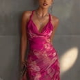 thumbnail image 4 of 2026 New Women's Hot Pink Floral Halter Slip Midi Dress Cowl Neck Ruched High Slit Bodycon Party Dress, 4 of 5