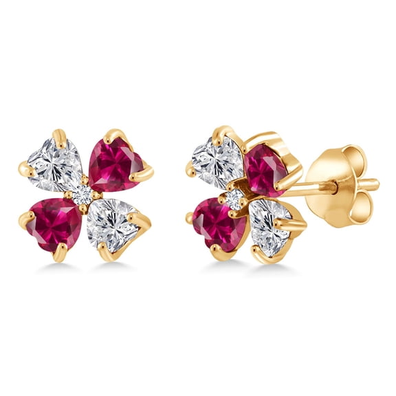 Gem Stone King 18K Yellow Gold Plated Silver Lab Grown Diamond and Red Created Ruby Stud Earrings for Women | 2.15 Cttw | Gemstone April Birthstone | Heart Shape 4MM