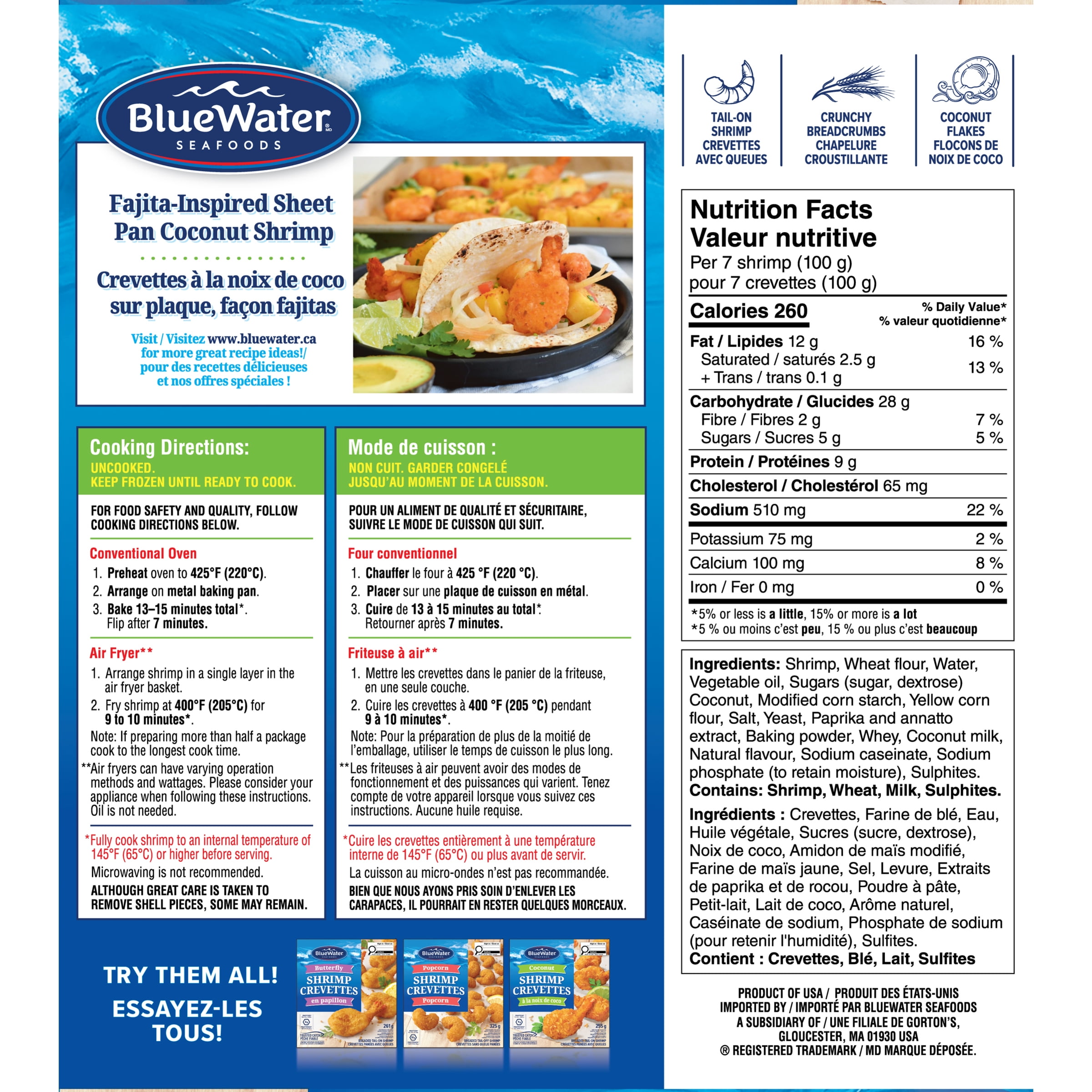 Crevettes À La Noix De Coco BlueWater Seafoods, Crevettes entières à, Panées avec une chapelure Panko croustillante, Congelé, Emballage de 255 g Crevettes à la noix de coco croustillantes avec chapelure Panko