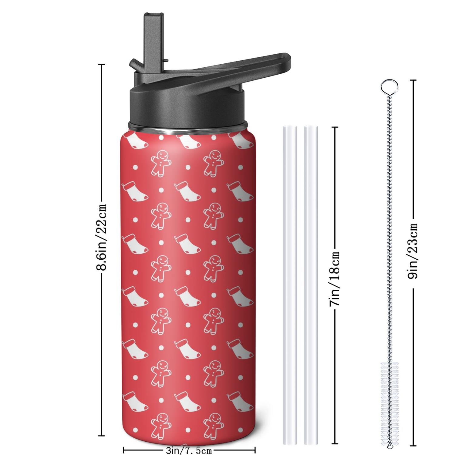 Christmas 18 oz Insulated Stainless Steel Water Bottle with Straw & Cleaning Brush , Leakproof, BPA-Free, 304 Stainless Steel, Wide Mouth, Travel Mug for Car, Gym, Office