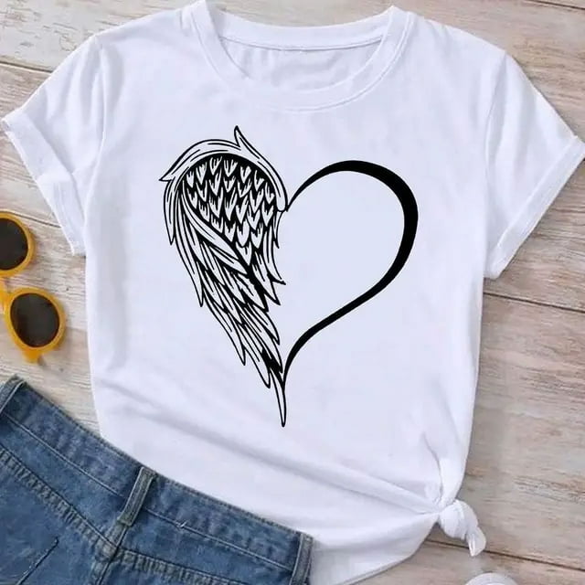 RWJDXD RWJDXD Ample et Confortable en Été 2024 T-Shirt à Manches Courtes Col Rond pour Femmes Motif Amour Haut T-Shirt Décontracté pour Femmes Mode Y2K Respirant Manches Courtes