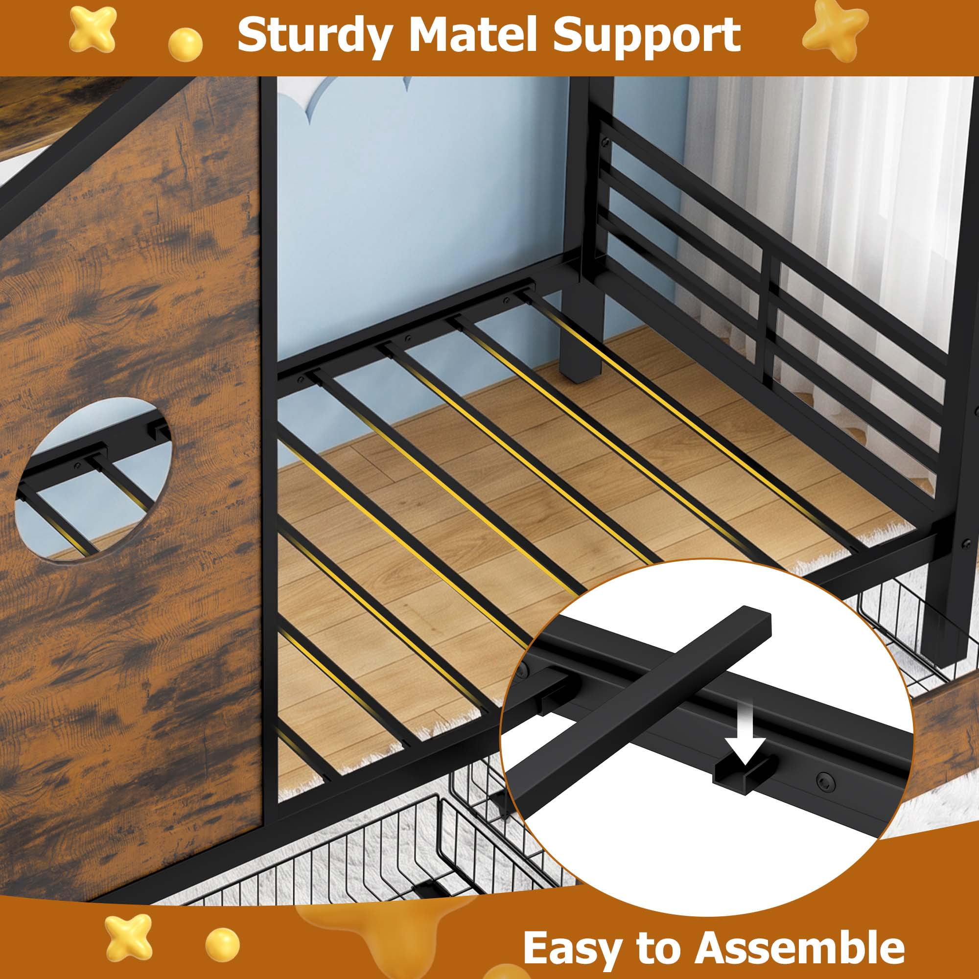 Miniyam Twin Size Metal House Bed with 2 Storage Drawers, Storage Shelf and Charging Station, Black