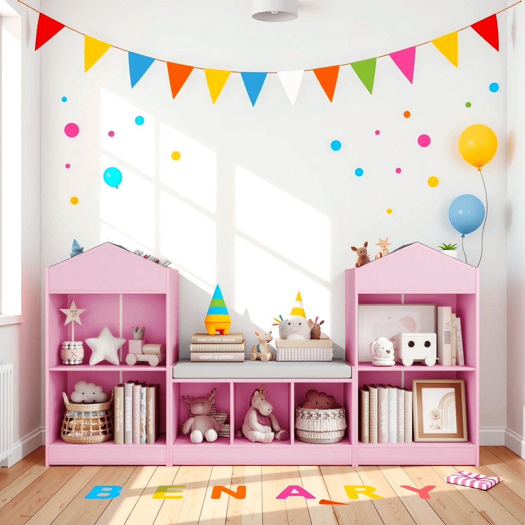 68.9“ Kids Bookshelf with Reading Nook, Toy Storage Organizer with Seat Cushion and 7 Storage Cubbies, Wooden Kids Bookcase, Toy Organizers and Storage for Nursery, Playroom, Pink
