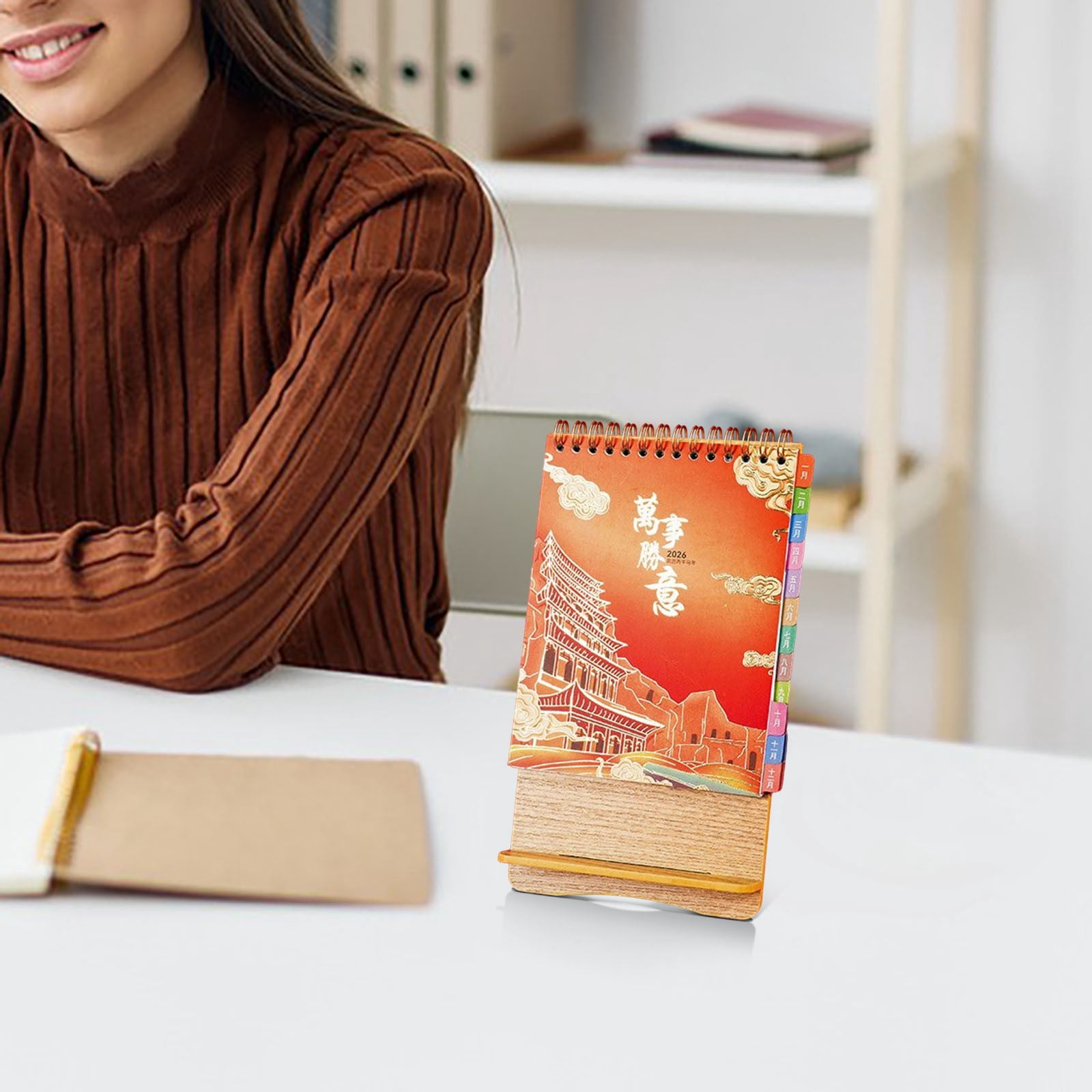 Weloille 2026 Wooden Desk Calendar, Festive Red Paper Office Desktop Mini Calendar with Holiday Markings and Solar Terms
