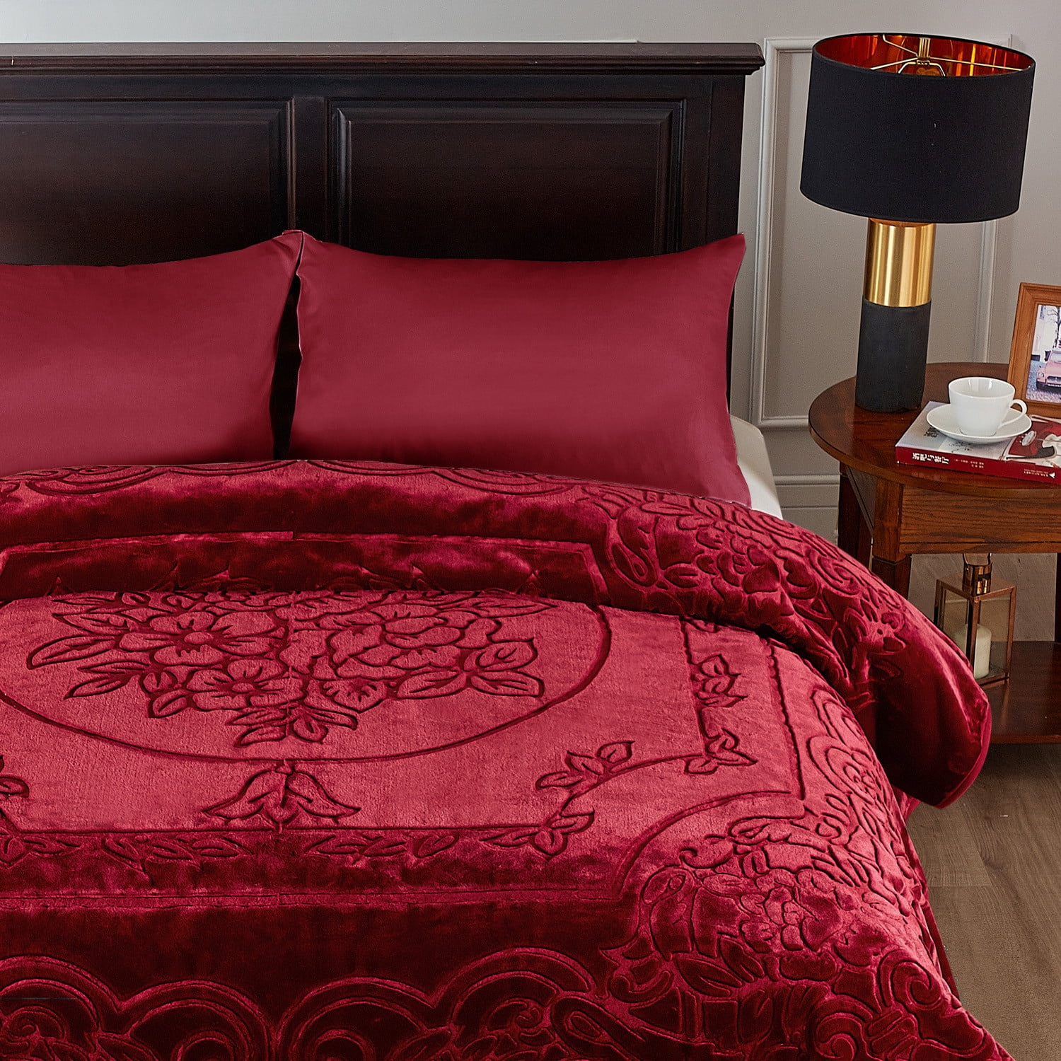 Heavy Thick Fleece Blanket King Size, 9lbs,1 Ply Silky Soft Warm Flower Embossed Raschel Winter Blanket, Minky Soft Plush Blanket for Sofa Bed, 85"x95", Burgundy
