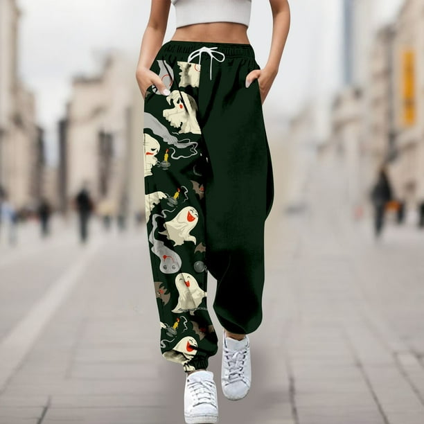 WILLBEST Pantalones Casuales para Mujer con Estampado de Halloween: Pantalones Deportivos Elásticos de Cintura Alta con Cordones para Otoño E Invierno. Mediana