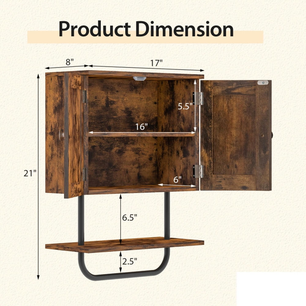 Finihen Bathroom Wall Cabinet, Wall Mounted Bathroom Cabinet, Medicine Cabinet, 2-Door Bathroom Wall-Mounted Medicine Cabinet with Open Shelf and Towel Rack, for Bathroom, Rustic Brown Finihen Bathroom Wall Cabinet, Wall Mounted Bathroom Cabinet, Medicine Cabinet, 2-Door Bathroom Wall-Mounted Medicine Cabinet with Open Shelf and Towel Rack, for Bathroom, Rustic Brown