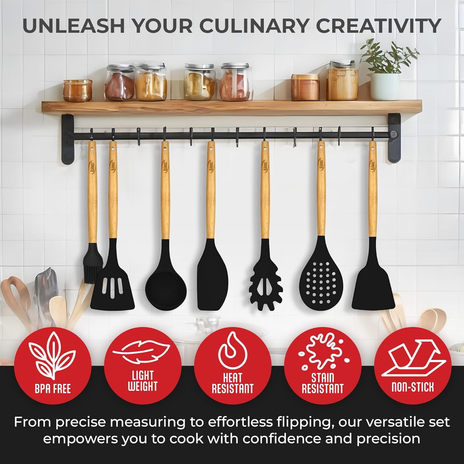 Kaluns 21 Pcs Wood and Silicone Kitchen Utensils Set for Cooking Household Essentials – Premium Cooking Utensil Set, Black