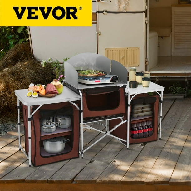 VEVOR Cocina portátil de Camping para Actividades al Aire Libre, Parabrisas y Organizador de Almacenamiento, Mesa de Cocina Plegable de Aluminio, Ligera, fácil de Instalar, marrón VEVOR Lightweight Aluminum Folding Cook Table