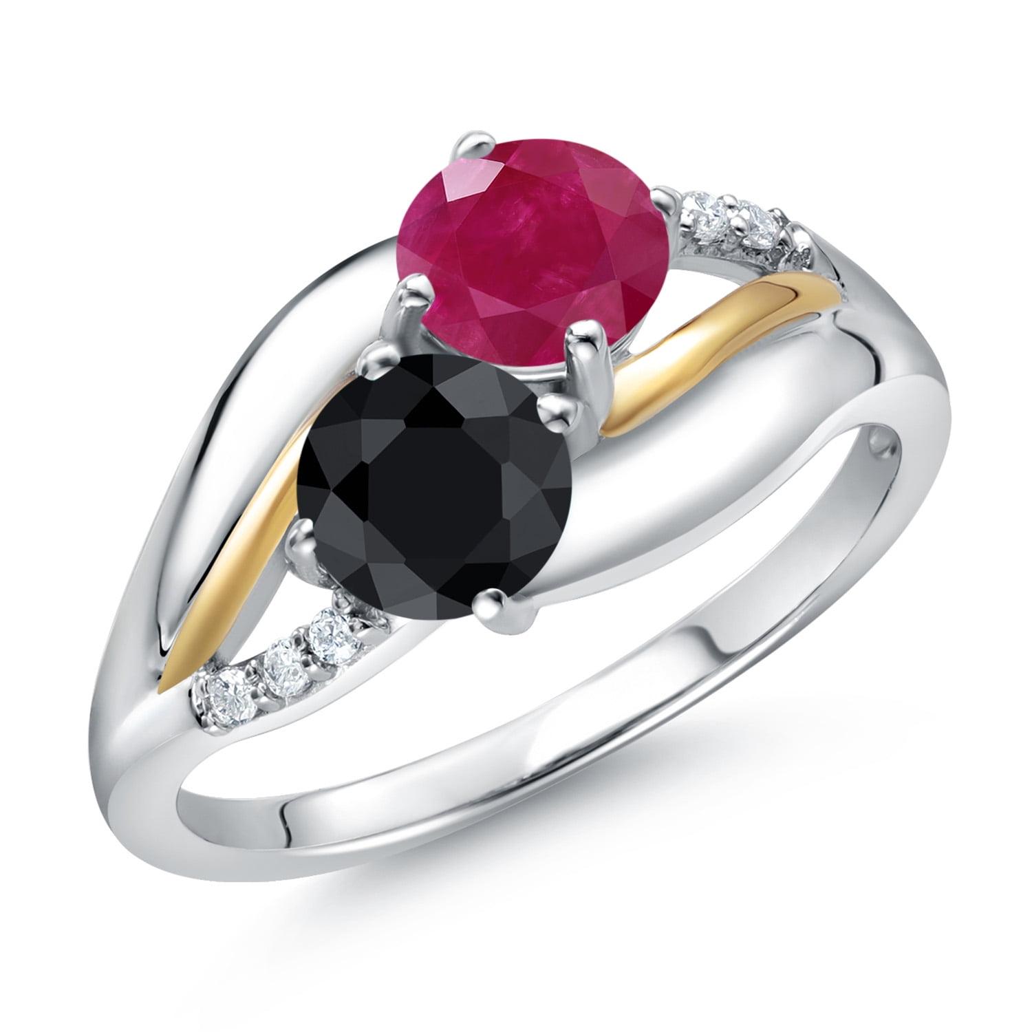 Gem Stone King 925 Sterling Silver and 10K Yellow Gold Black Sapphire Red Ruby and Lab Grown Diamond 2 Stone Engagement Ring for Women (1.28 Cttw, Round 5MM, September Birthstone, Size 5)