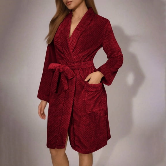 FDGIU Cozy Fleece Bathrobe for Women, Long Robe with Belt, Plush Flannel House Coat for Women Plus Size