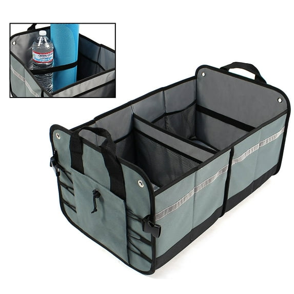 LK’s Collapsible Trunk Organizer Multipurpose Cargo Storage Organizer for Car, SUV or Minivan Foldable Heavy Duty Durable with 12 Interior Pockets as well as Cargo Straps in Gray