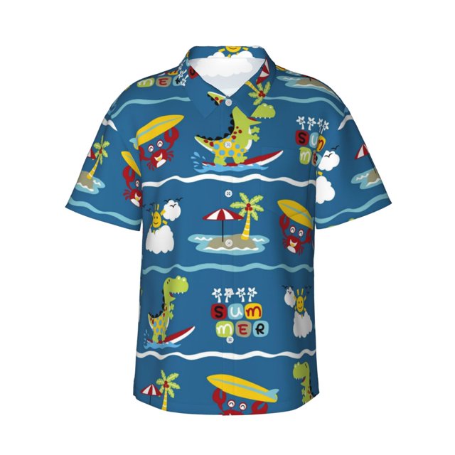 Balery Dinosaur on the Beach Vacation Camisas hawaianas de manga corta para hombre, camisas playeras de corte holgado, camisas de vacaciones con botones,3X-Large