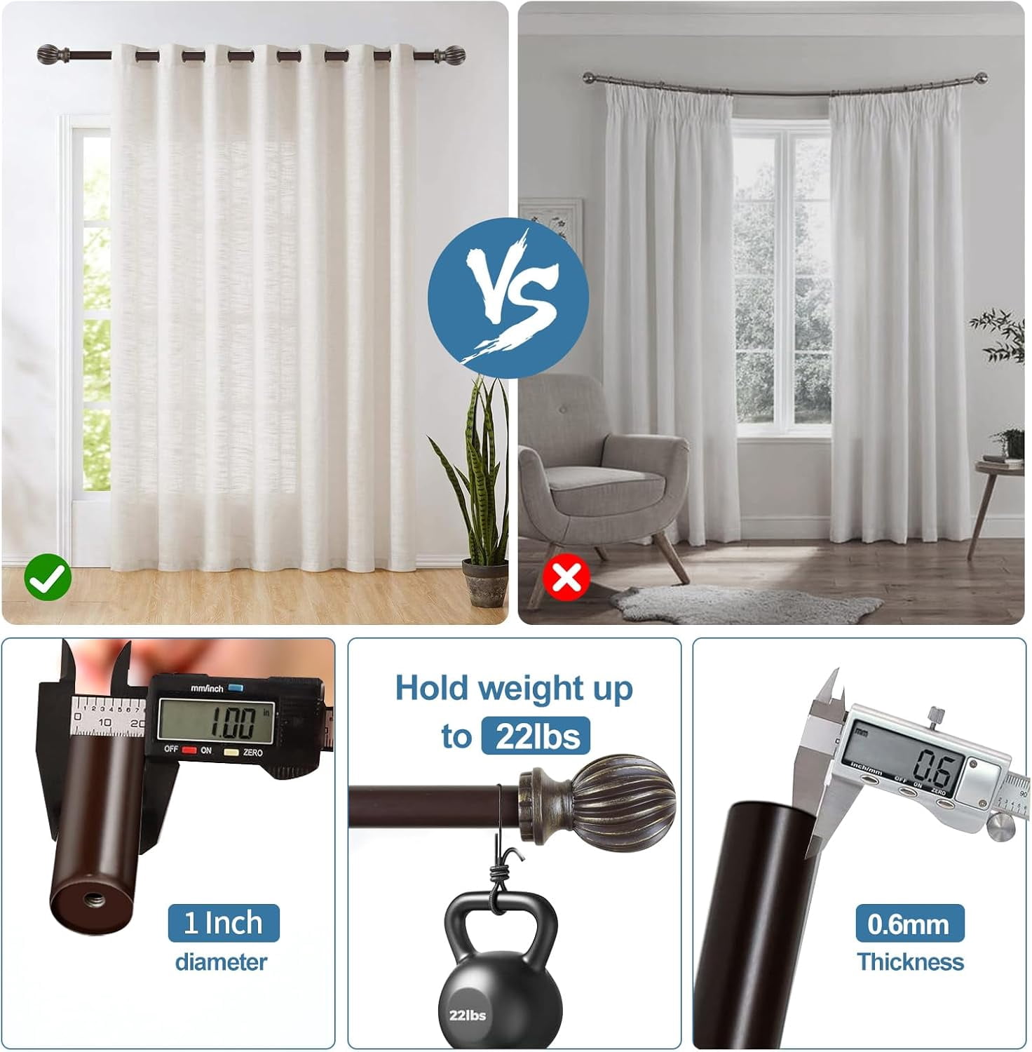 Urbanest Adjustable Single Curtain Rod Set Bronze With Gold Lecca Finials – 1 - Inch Diameter, With Bronze Rod, 28–48 Inches