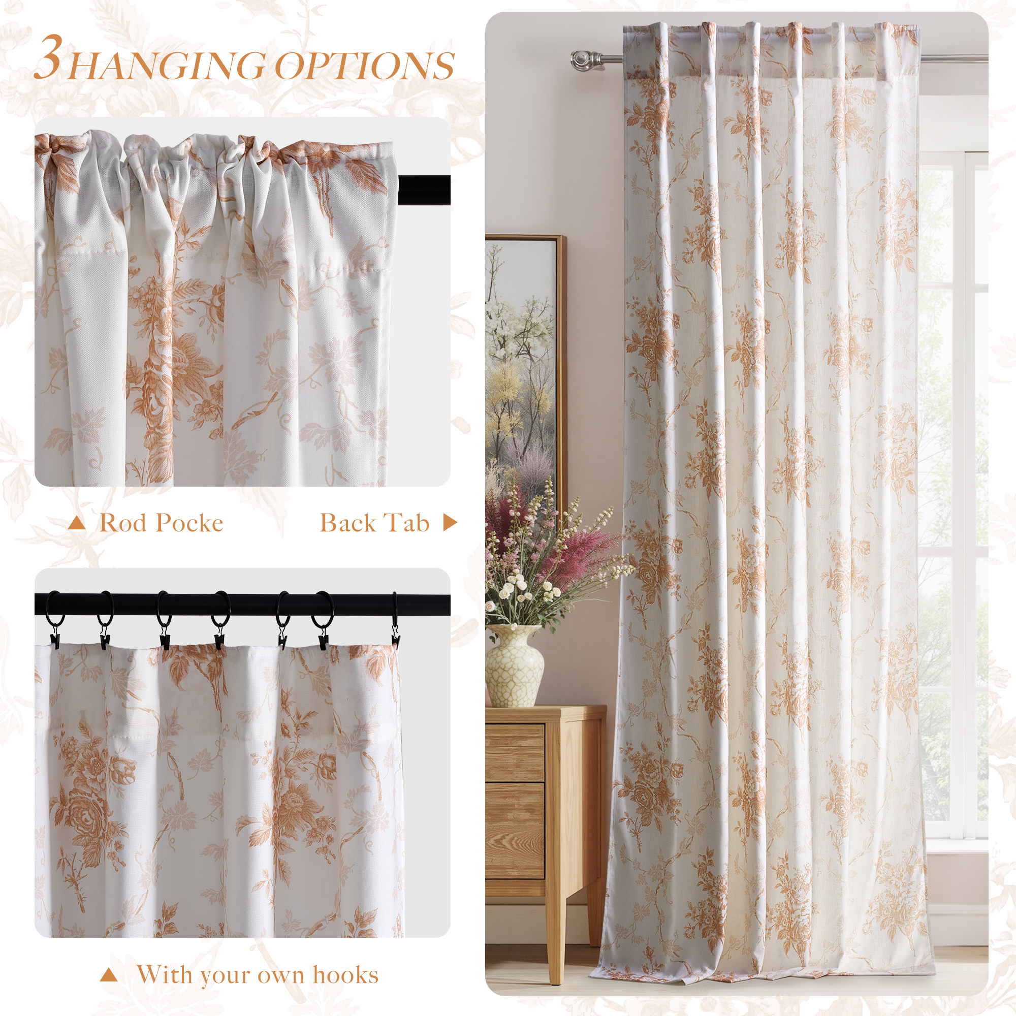 NICETOWN Linen Curtains for Bedroom, Luxury Floral Printed Faux Belgian Linen Curtains Light Filtering Modern Linen Drapes Back Tab Privacy Protection Window Treatments, Brown, 52"x84", 2 Panels