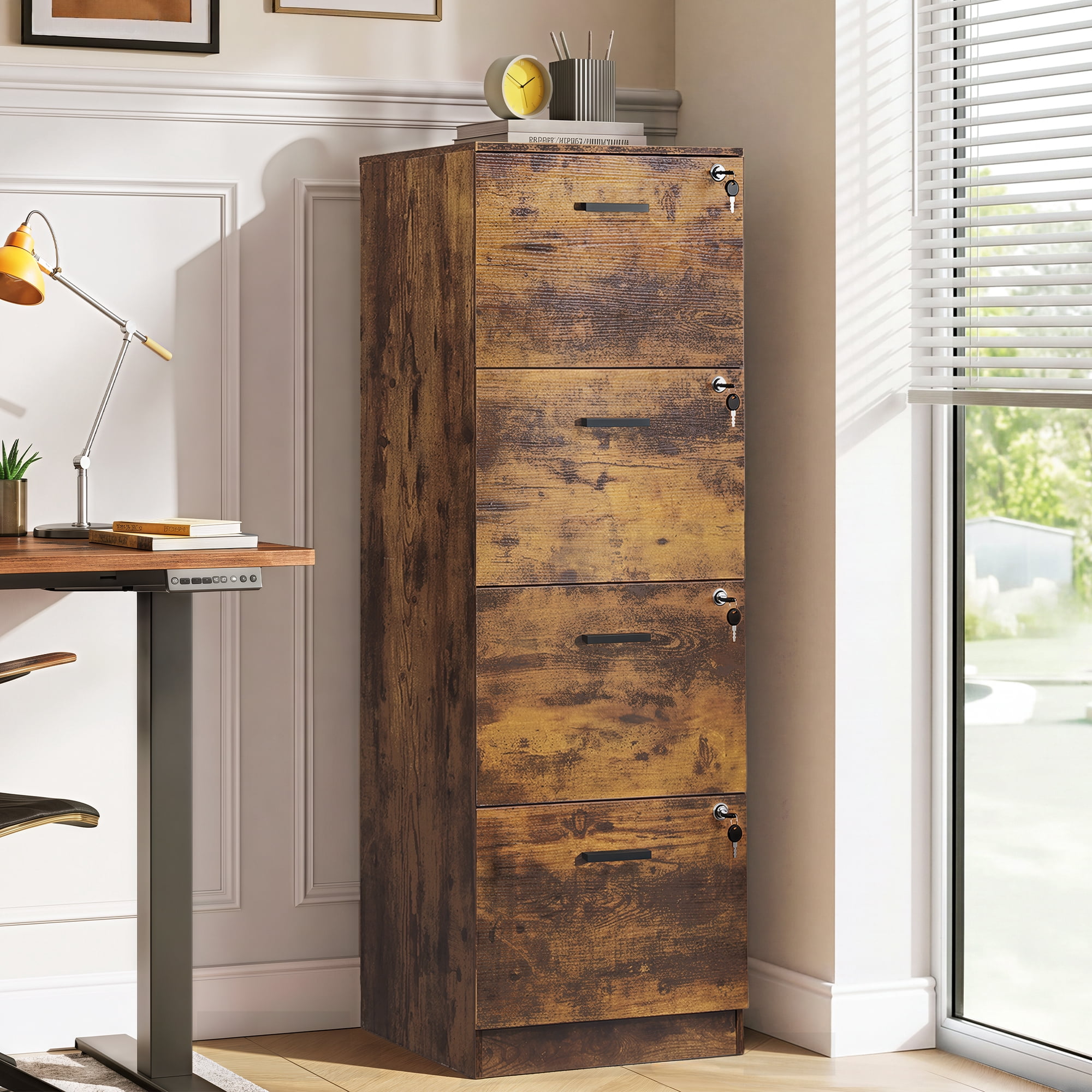 GALAXHERO 4 Drawer File Cabinet, Vertical Filing Cabinet with Lock and Key, Wood Storage Organizer for Home Office, Fit Letter/A4, Rustic Brown