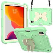 Allytech iPad Mini 6th Gen Case 2021, Cover for iPad Mini 6 8.3", Built-in Pencil Holder Kidsproof Sturdy Stand Shoulder Strap Non-Slip Linging Silicone Anti-Scratch Butterfly Case, Green   Beige