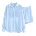 thumbnail image 4 of Ksrymi Jumpsuits for Women Striped 2-Piece Outfit: Oversized V-Neck Collared Long Sleeve Button-Down Shirt with Rollable Cuffs & Elastic Waist Shorts with Pockets Jumpsuits for Women Dressy, 4 of 5