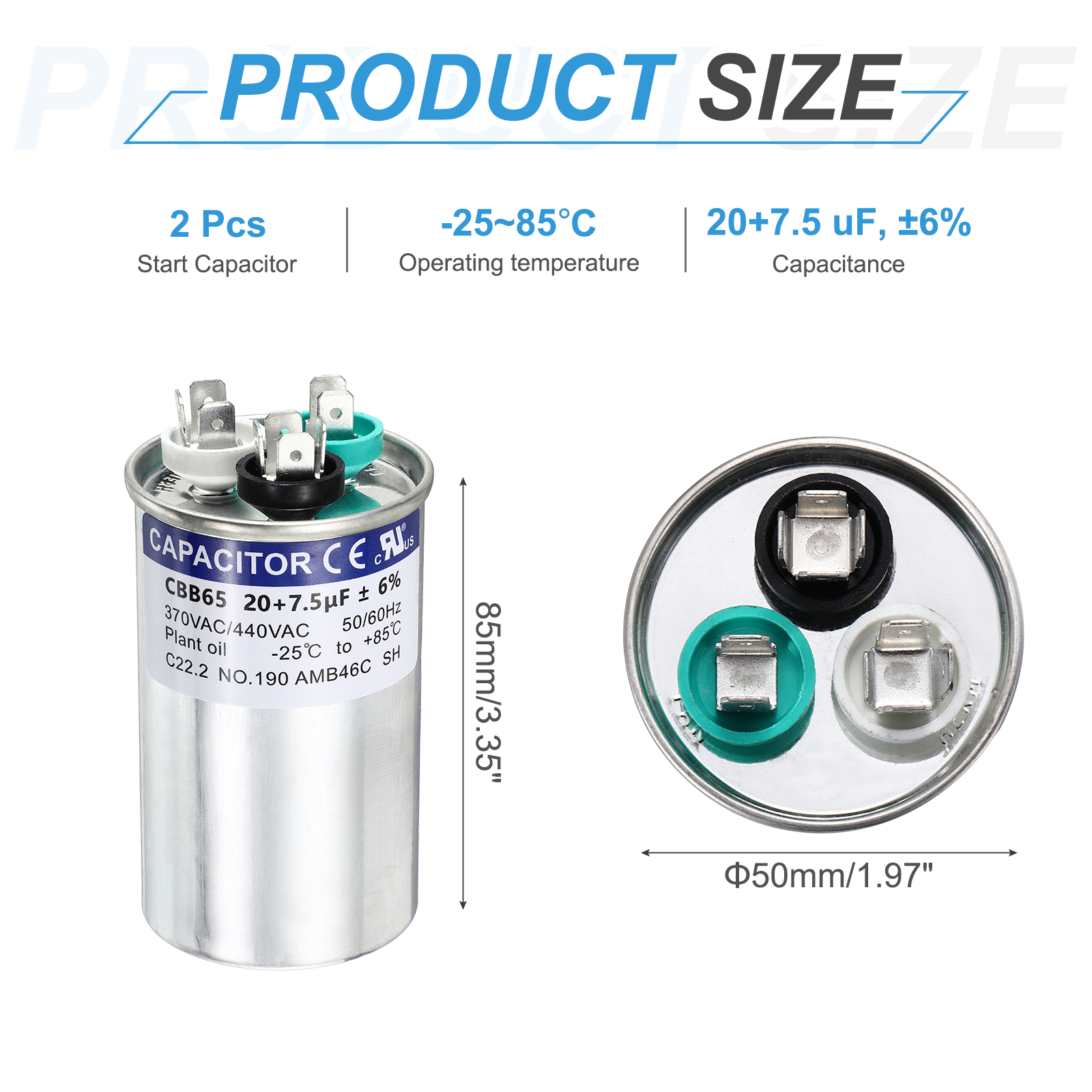 Uxcell 2Pcs 20+7.5 MFD CBB65 Run Start Capacitor 20+7.5 uF, 370/440V Round AC Capacitor for AC Motor Run, HVAC, Air Conditioner, Condenser Motors