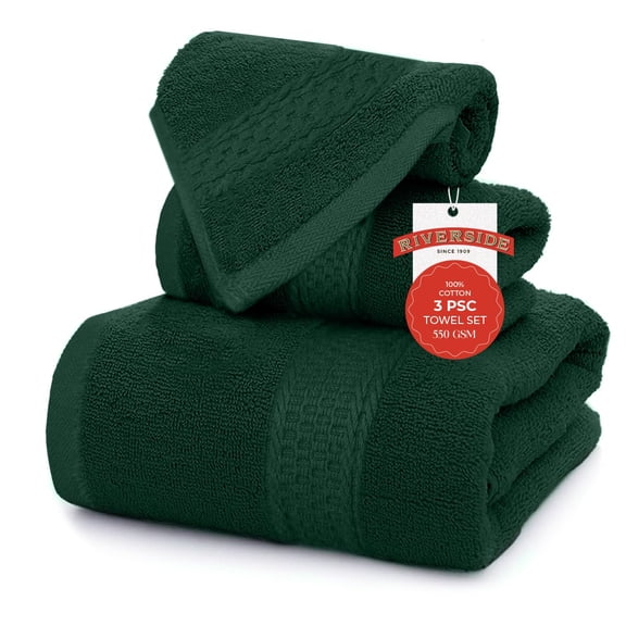 RIVERSIDE 3 Piece Cotton Towel Set Bath 27x54 and Hand 16x28 Towel with Washcloth 12x12, Lightweight & Soft - Hunter Green