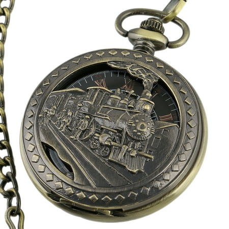 Mens Mechanical Pocket Watch Train Design Black Dial Retro Chain Gift 