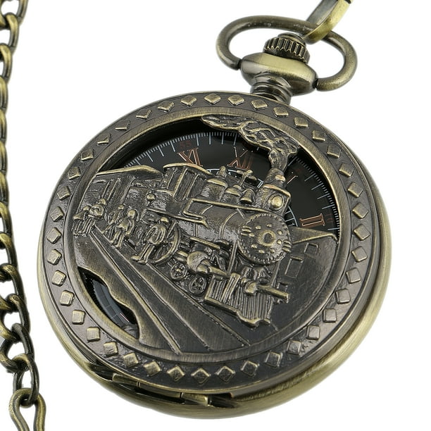 ESS Mens Mechanical Pocket Watch Train Design Black Dial Retro Chain