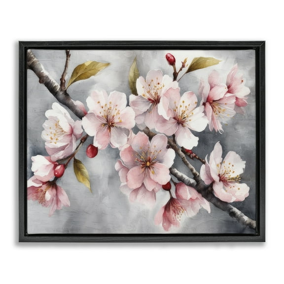Stupell Industries Blossoms On Grey Botanical & Floral Painting Black Floater Framed Art Print Wall Art, 21 x 17