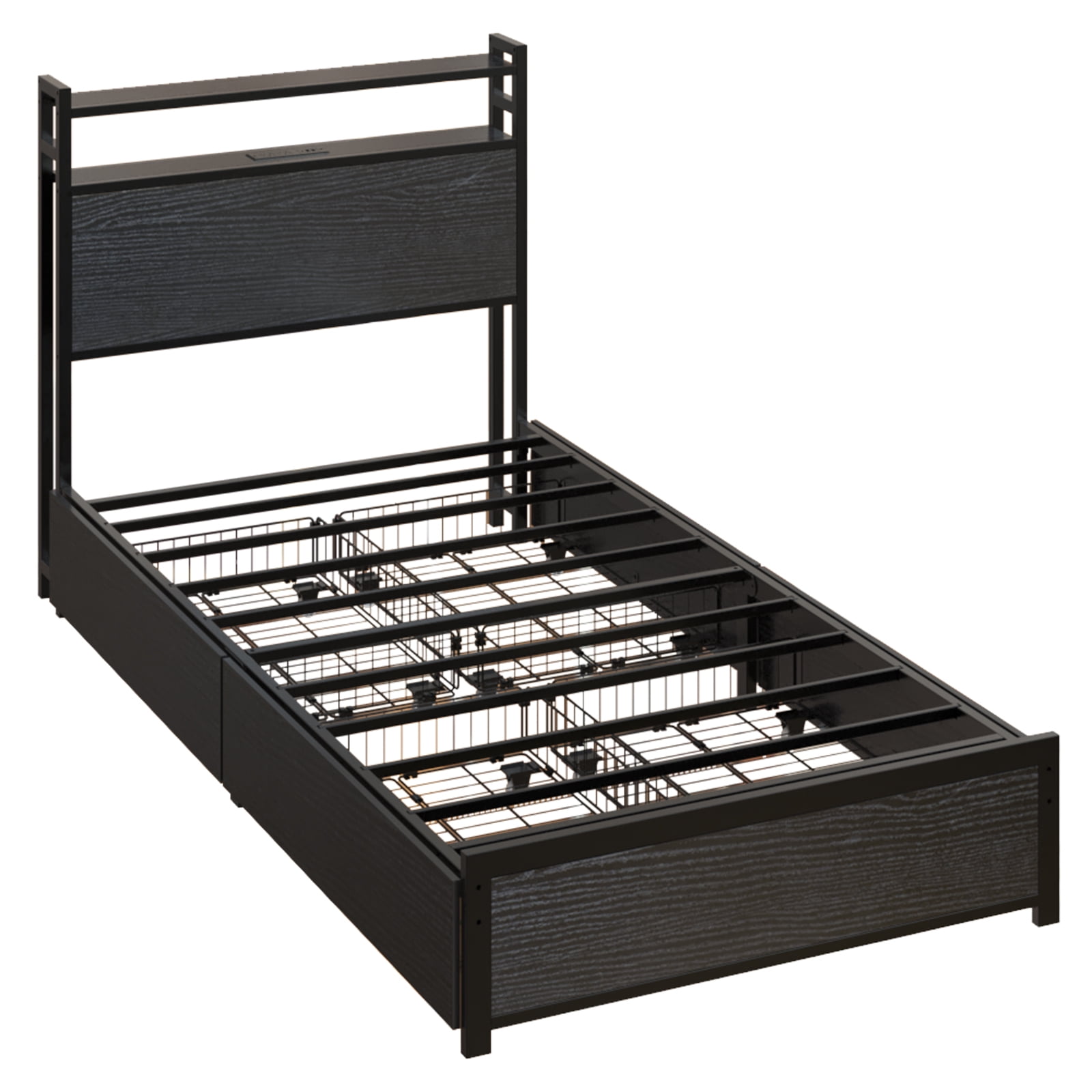Ktaxon Twin Size Bed Frame with Charging Station & LED Storage Headboard, Metal Platform Bed Frame with 4 Underbed Drawers for bedroom, Gray