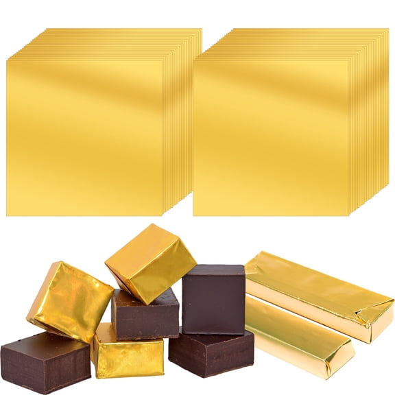 200 Pieces Gold Chocolate Bar Wrappers Packing, 7.8" x 7.8" Aluminum Foil Chocolate Wrapping Paper Sheet, Candy Foil Wrappers for Homemade Sweets Food Wraps Party Favor DIY