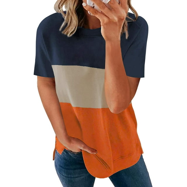 Womens Striped Color Block Short Sleeve Causal Blouses T Shirts Tops