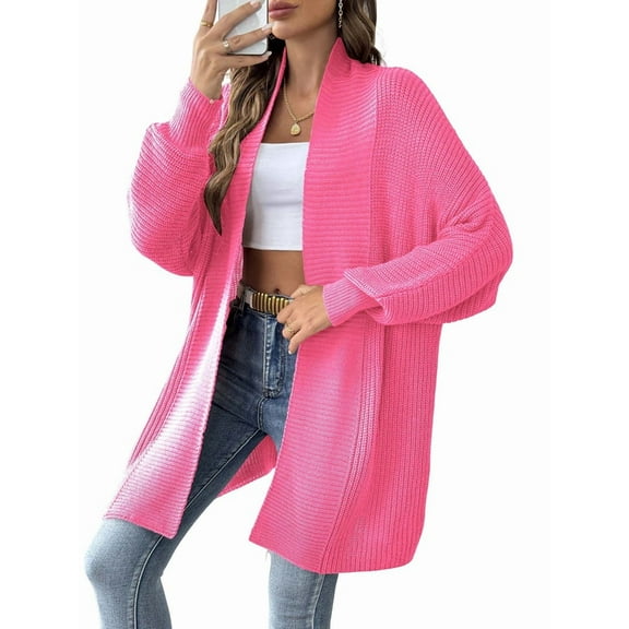 Women'S Fall Winter Solid Color Casual Oversized Long Sleeve Chunky Knit Cardigan Sweater Jacket Rose Red One size