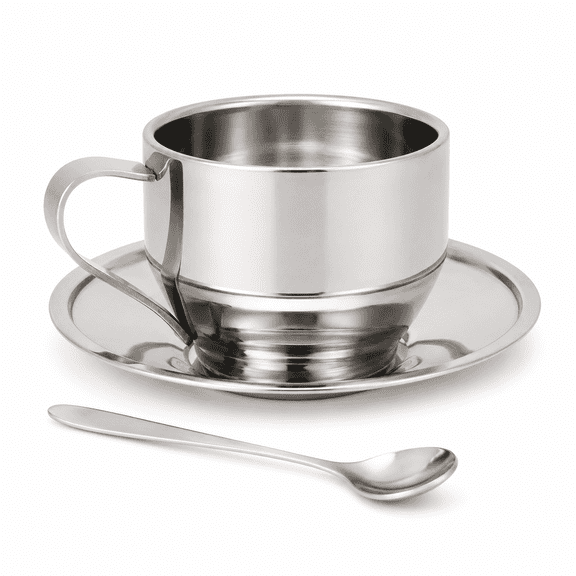 ABCISI Stainless Steel Coffee Cup Set, Double Wall Coffee Mug with Saucer and Spoon, Reusable Metal Cup for Latte, Cappuccino, Espresso, Milk and Tea, 8 Oz