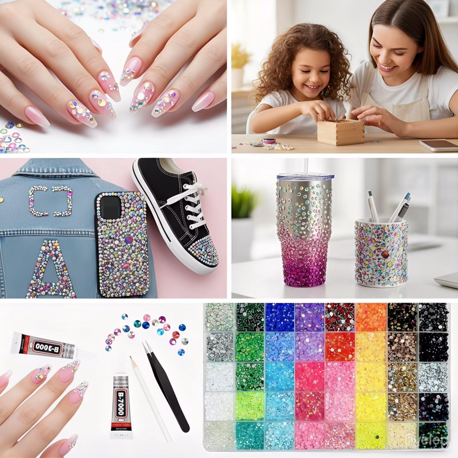24 Colors Resin Rhinestones for Crafting with Tweezers – Flatback Glass Rhinestone Kit with B-7000 Glue, Storage Box, for Nail Art, Tumblers, Shoes, DIY Decor