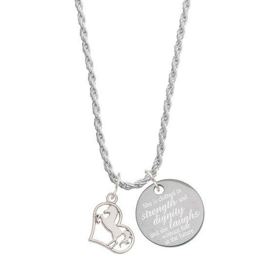 Delight Jewelry Silvertone Stallion Silhouette Heart She is Clothed in Stength and Dignity Charm Necklace, 20" 3"
