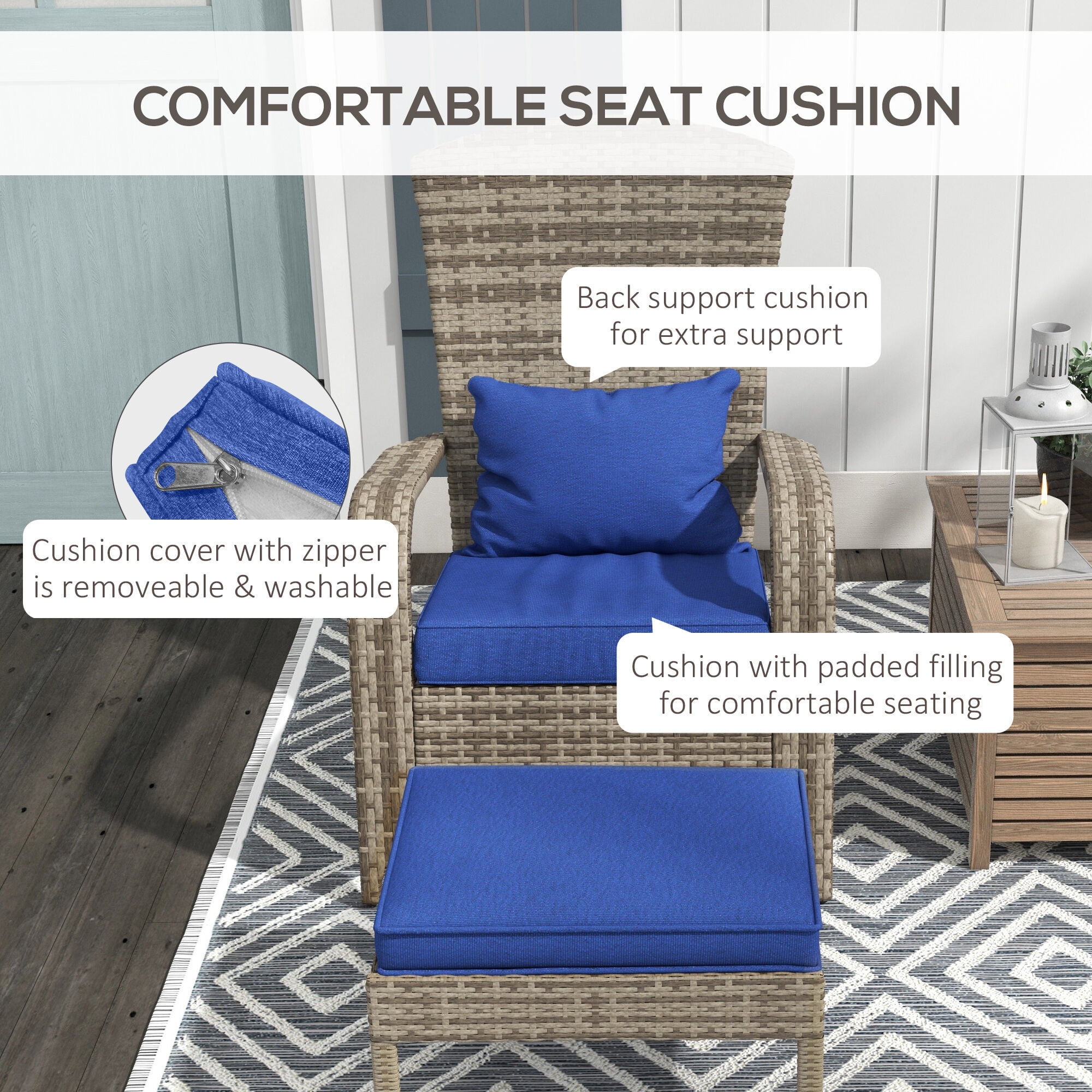 Patio Furniture Outsunny Patio Wicker Adirondack Chair with Ottoman, Outdoor Fire Pit Chair with Cushions, High-Back, Large Seat & Armrests for Deck, Garden & Backyard, Dark Blue,Patio Chairs