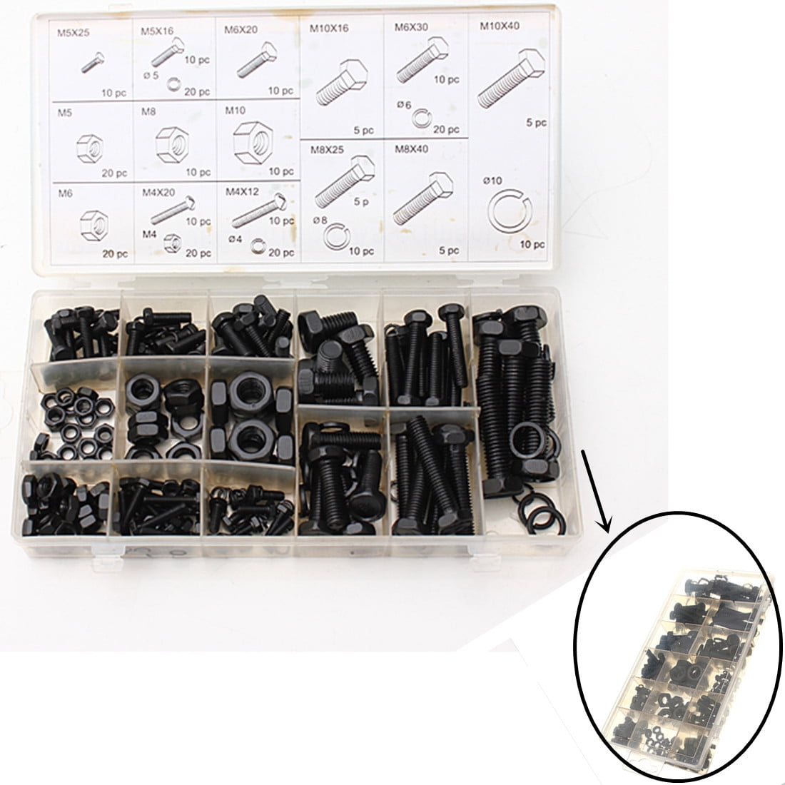 240PC Hex Head Nut & Bolt Washer Assortment Set in Storage M4 5 6 8 10