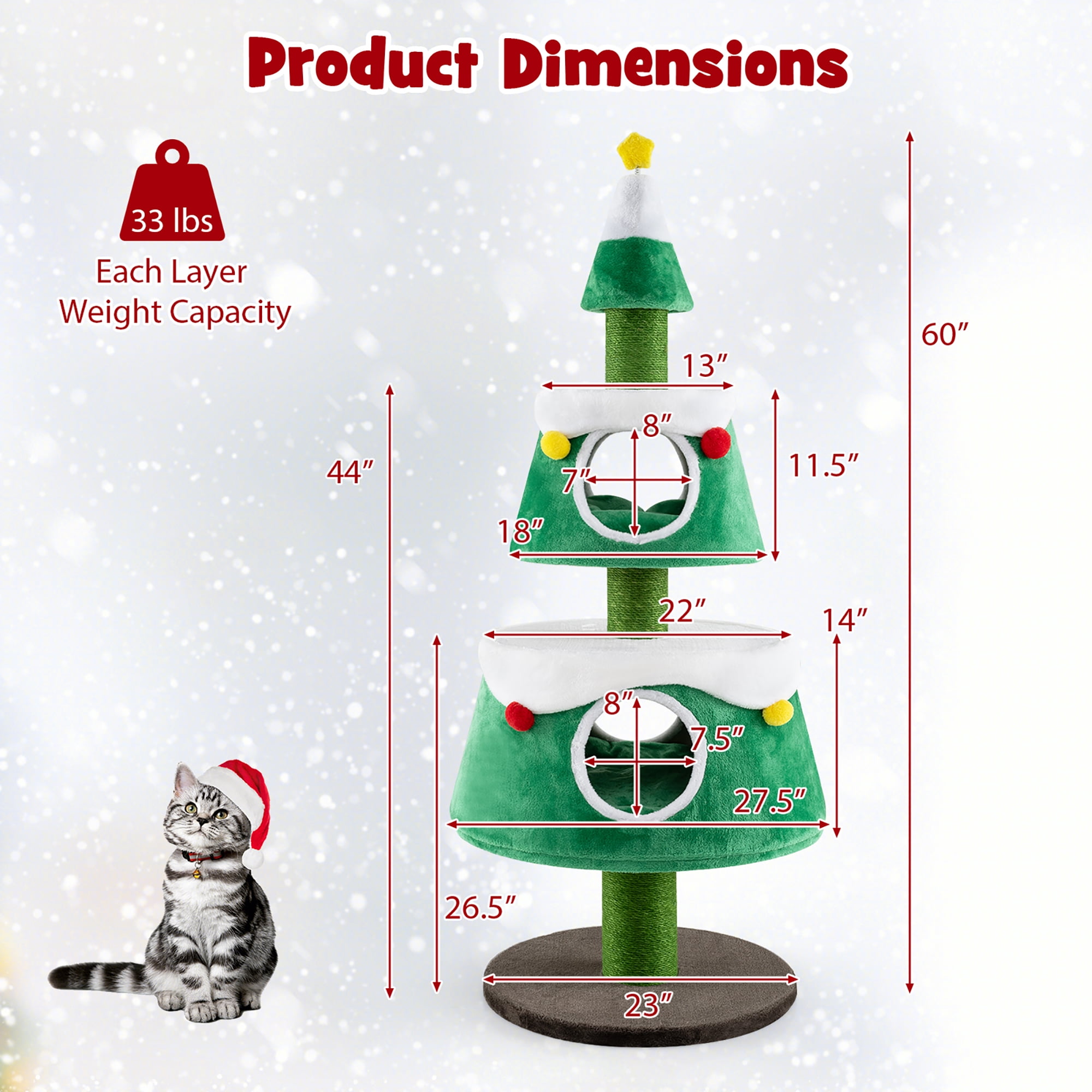 Gymax Christmas Cat Tree for Indoor Cats w/ 2 Condos Sisal Scratching Posts Spring Toy